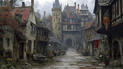 Obraz premium medieval village with stone buildings, cobblestone streets, and castle background evokes sense