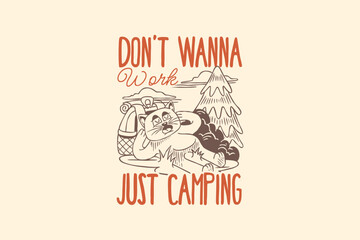 Vintage camping cat t-shirt design. Cat adventure graphic tee for print. Retro summer outdoor vector illustration for apparel design. Cat lover design for merch