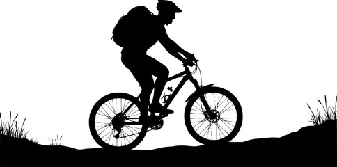 Fototapeta premium Silhouette of a mountain biker riding on uneven terrain, with a backpack and helmet