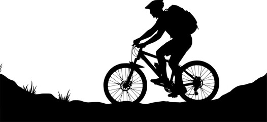 Naklejka premium Silhouette of a mountain biker riding on uneven terrain, with a backpack and helmet