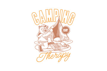 Vintage camping cat t-shirt design. Cat adventure graphic tee for print. Retro summer outdoor vector illustration for apparel design. Cat lover design for merch