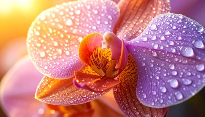 Orchid Flower with Dew Drops in Sunlight