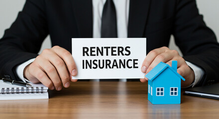 A person holding a renters insurance sign with a small blue house on a wooden desk with a pen and notebook business.selling ,purchasing,agreement 