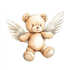Watercolor Angel Teddy Bear with Wings Flying Among Stars