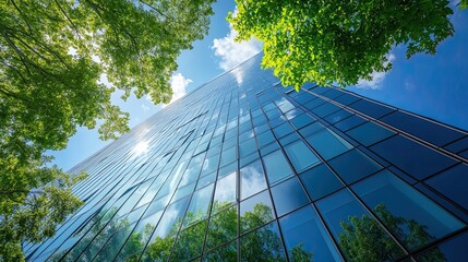 Eco-friendly skyscraper in green city district, integrating modern glass facade with sustainable elements