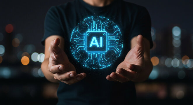Man holding a glowing ai symbol in his hands with city lights blurred in the background at nighttime business.selling ,purchasing,agreement 