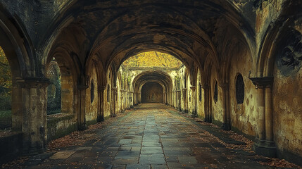 Fototapeta premium Ancient arches create serene atmosphere in historic corridor surrounded by autumn leaves