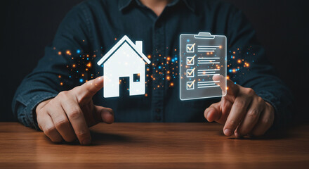 A person presenting a house icon and a checklist icon with sparkling effects on a wooden surface business.selling ,purchasing,agreement 