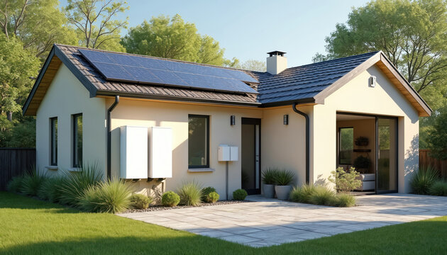 Modern house with solar panels on roof, battery storage system on wall. Sustainable energy generation, renewable electricity, eco-friendly power source. Green living, eco-friendly home, sustainable