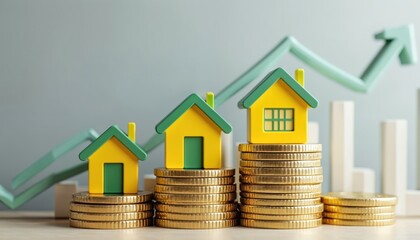 Miniature houses stacked on golden coins, with upward trend arrow, representing house price growth. Economic growth concept, rising real estate investment, housing market increase, financial success.