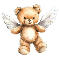 Watercolor Angel Teddy Bear with Wings Flying Among Stars