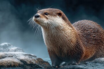 Obraz premium Otter Perched on a River Rock with Soft Mist in the Background Capturing Nature's Beauty