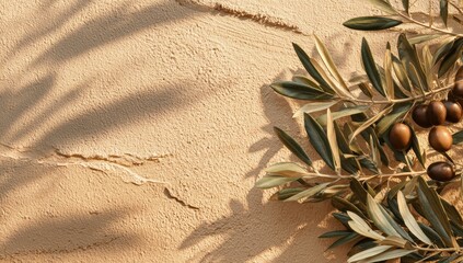Olive branch on beige textured wall with sun shadows
