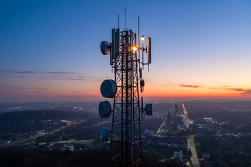 Telecommunication tower silhouetted against a beautiful sunset with city lights below