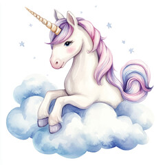 Naklejka premium Watercolor Unicorn Sitting on a Cloud Illustration