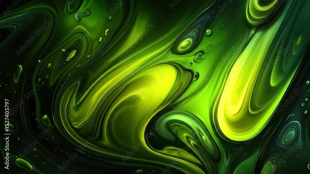 Poster abstract green and yellow fluid art with swirling patterns and bubbles. the design features a mix of