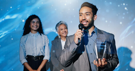 Man, award and happy on conference stage, mic and acceptance speech for performance at company....