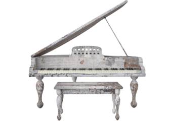 Highly detailed 3D rendering of a classic wooden grand piano with matching bench. Grunge white, weathered wood texture, curved legs, and open lid give it an elegant and vintage musical appearance.