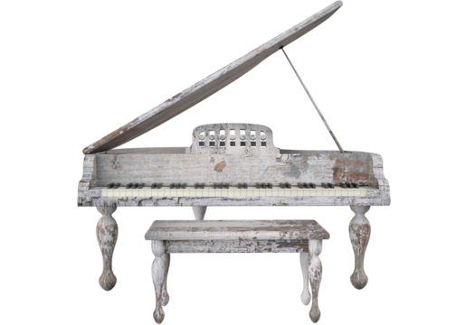 Highly detailed 3D rendering of a classic wooden grand piano with matching bench. Grunge white, weathered wood texture, curved legs, and open lid give it an elegant and vintage musical appearance.