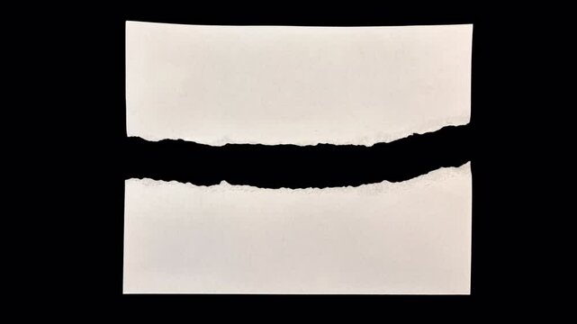 Clean flat photo size paper tear apart in a stop-motion. 4:3 Textured, organic backgrounds, design overlays, craft visuals, transparent alpha channel bg, Style 41 horizontal half cut