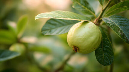 Close-Up Hyperrealistic Photograph of a Perfect Green Guava on a Leafy Tree Branch in Soft Natural Light