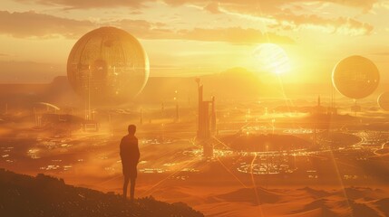 A Solitary Figure Overlooks a Futuristic Landscape Bathed in Golden Light, Surrounded by Enormous Spheres and Intricate Cityscapes Under a Dramatic Sunset