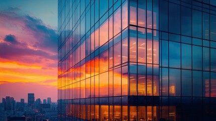 Glass office building reflecting warm interior lights at sunset, showcasing business district architecture