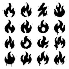 Fototapeta premium Abstract Flame Icons Set – Graffiti Spray Fire Symbols with Drips, Grunge Texture, and Urban Style Design