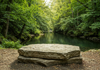 Stacked stones provide foreground interest with forest and river backdrop ideal for product promotion