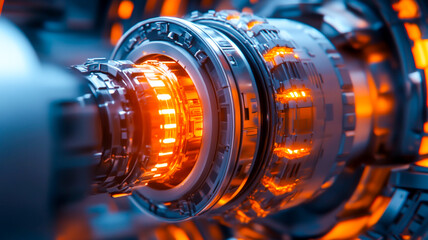 Obraz premium A close-up view of a futuristic machinery component with glowing orange elements, set in a high-tech environment