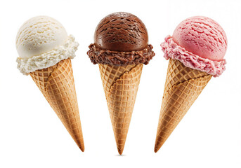 Ice cream cones display different flavors like chocolate vanilla and strawberry against a white backdrop