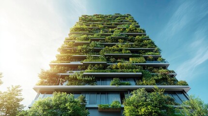 Green eco-friendly building with sustainable vertical garden, urban architecture integrating nature