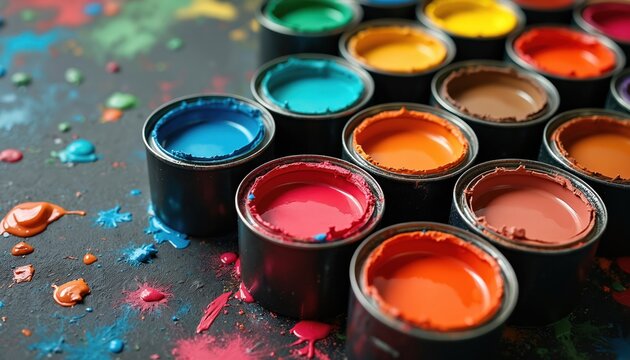 Vibrant paint cans filled with colorful paints of different shades. Close-up view of paint cans in various colors. Splashes of paint create artistic, creative background. Ideal for art studio