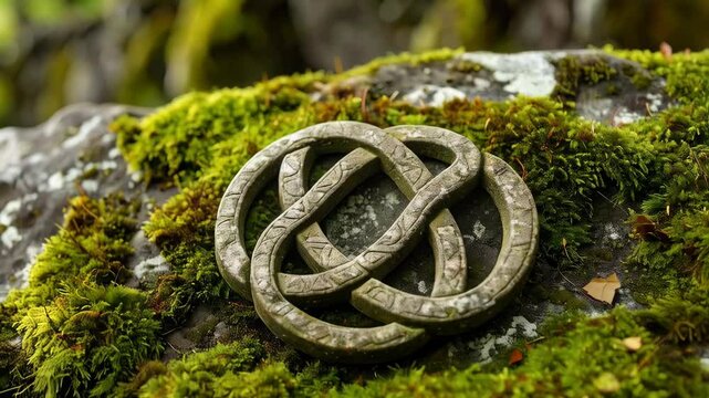 Ancient Celtic knot on moss covered stone, outdoors, nature setting in a forest, symbolizing heritage and tradition, detail shot, cultural background