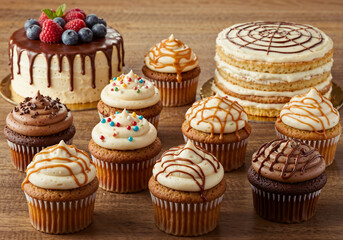 Variety of cakes and cupcakes display delicious decadent treats are on a wooden surface ideal for dessert shops