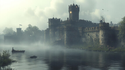 Majestic medieval castle surrounded by misty waters and lush greenery evokes sense of mystery