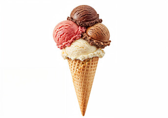 Ice cream cone displays vanilla strawberry and chocolate scoops on a waffle cone delighting dessert lovers