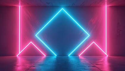 Abstract neon geometric background. Glowing shapes with lines creating a minimalist composition. Bright pink and cyan colors for tech, modern, futuristic designs, art, advertising. Space for text.