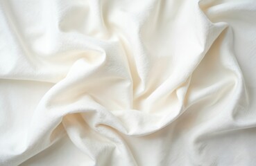 White linen textile backdrop. Crumpled natural cotton fabric background with soft folds and textured surface. Organic eco textiles, natural handmade top view. Great for apparel, home design projects.