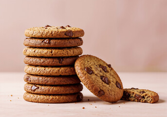 Chocolate chip cookies stack on pink backdrop presents dessert indulgence treats are fresh baked