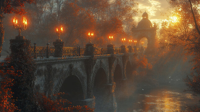 stunning medieval bridge adorned with carved parapets and glowing torch sconces, surrounded by
