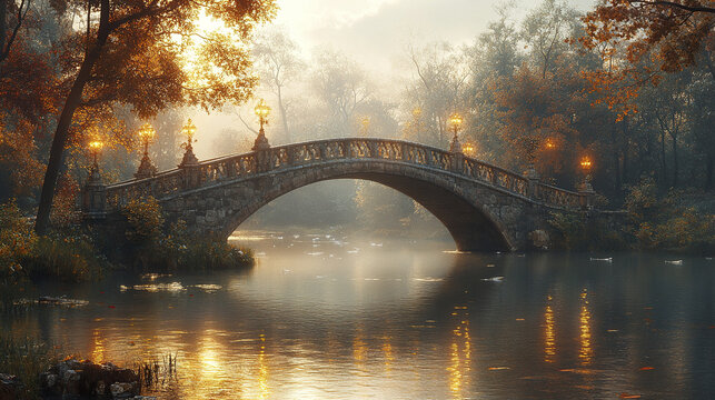 serene medieval bridge with carved parapets and glowing lanterns, surrounded by autumn foliage