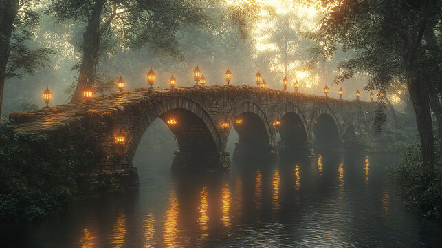 serene medieval bridge with carved parapets and glowing lanterns, surrounded by misty trees