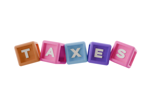 3d cubes spelling the word taxes, transparent background