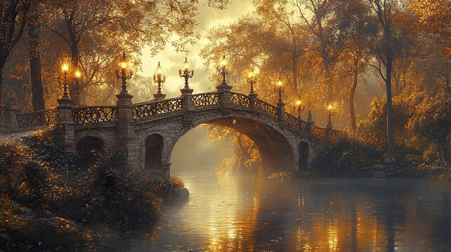 Medieval bridge with carved parapets and glowing lanterns over serene river at sunset