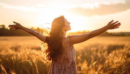 woman standing in field with eyes closed, arms open to sky