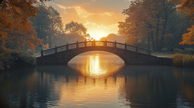 serene medieval bridge with stone parapets spans calm river, reflecting warm sunset