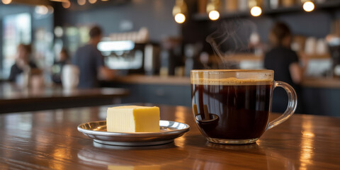 a cup of coffee and a piece of butter on a table