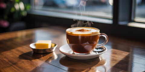 a cup of coffee on a table with a spoon