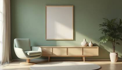 Modern living room interior. Comfortable armchair, wooden console, round carpet. White frame, plant pot. Pastel colors create cozy, relaxing atmosphere. Wooden floor. Sunlight through window.